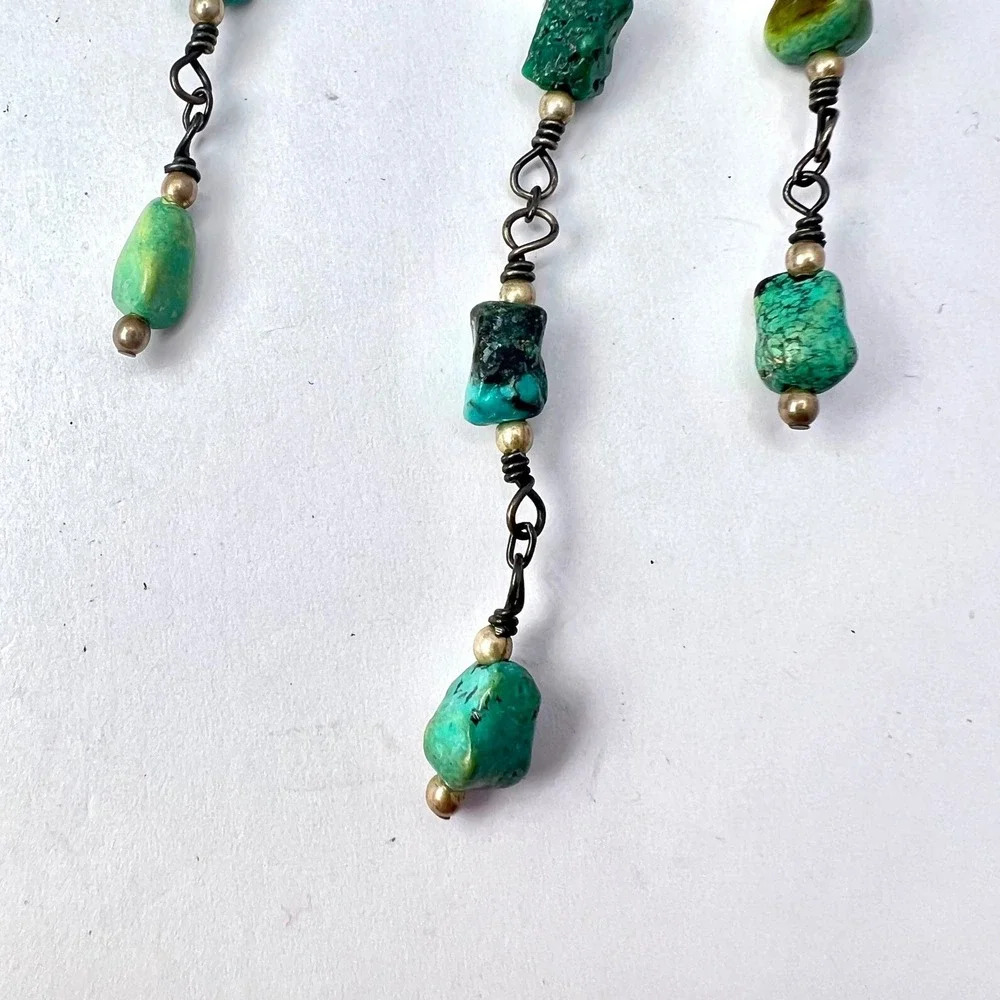 Vintage Turquoise Sterling Silver Fringe Necklace Boho Southwestern Choker Bib